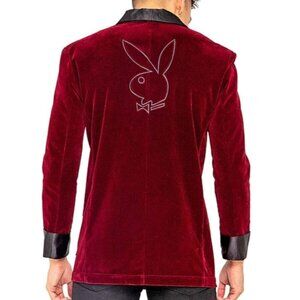 Playboy Mens Smoking Jacket Velvet Lounge Coat Iconic Rabbit Logo Satin Collar L